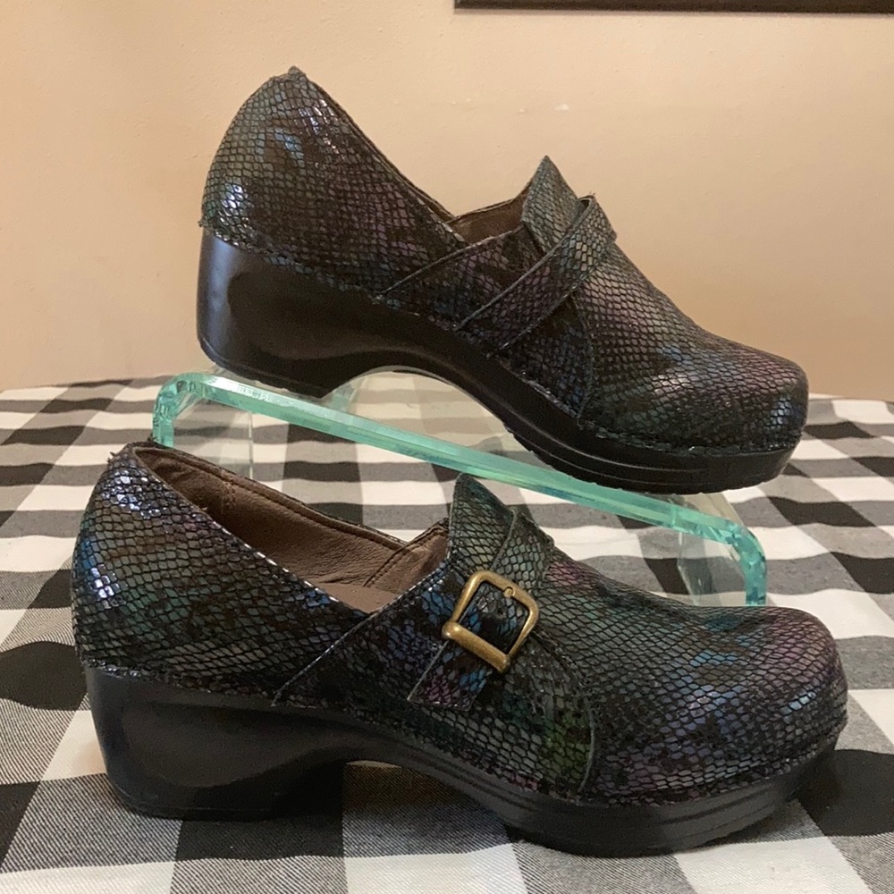 Sanita Leather Slip On Clogs Size EU 38 US 7 Women's Reptile Snake Buckle Heel